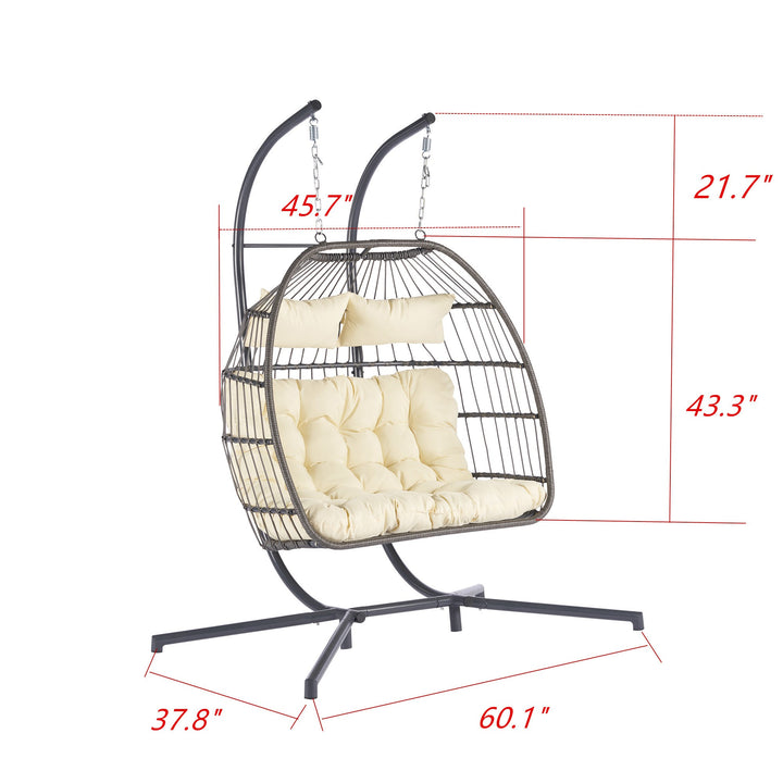 Outdoor Hanging Egg Chair Beige - 2 Person Wicker Patio Swing with Stand, Comfort Cushions & All-Weather Durability