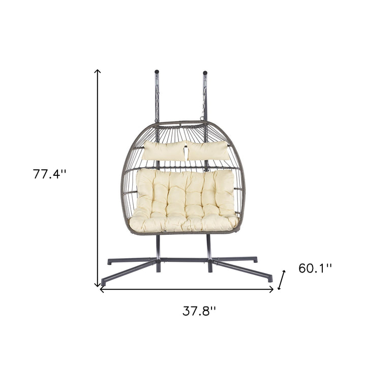 Outdoor Hanging Egg Chair Beige - 2 Person Wicker Patio Swing with Stand, Comfort Cushions & All-Weather Durability