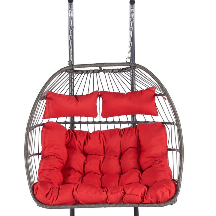 Outdoor Hanging Egg Chair Red - 2 Person Wicker Patio Swing with Stand, Comfort Cushions & All-Weather Durability