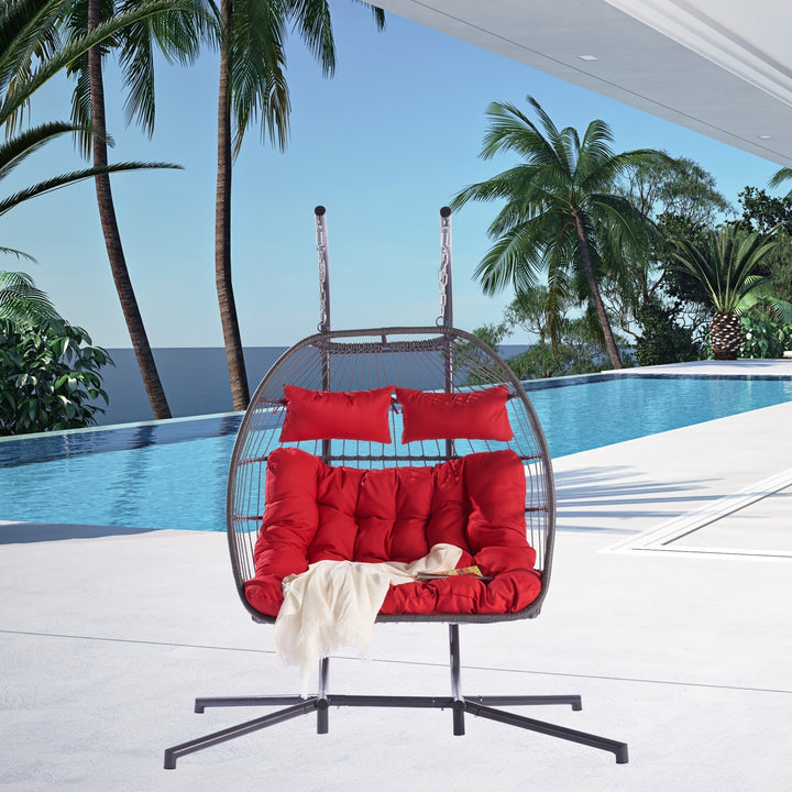 Outdoor Hanging Egg Chair Red - 2 Person Wicker Patio Swing with Stand, Comfort Cushions & All-Weather Durability