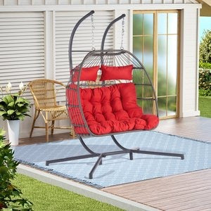 Outdoor Hanging Egg Chair Red - 2 Person Wicker Patio Swing with Stand, Comfort Cushions & All-Weather Durability