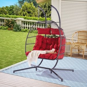 Outdoor Hanging Egg Chair Red - 2 Person Wicker Patio Swing with Stand, Comfort Cushions & All-Weather Durability