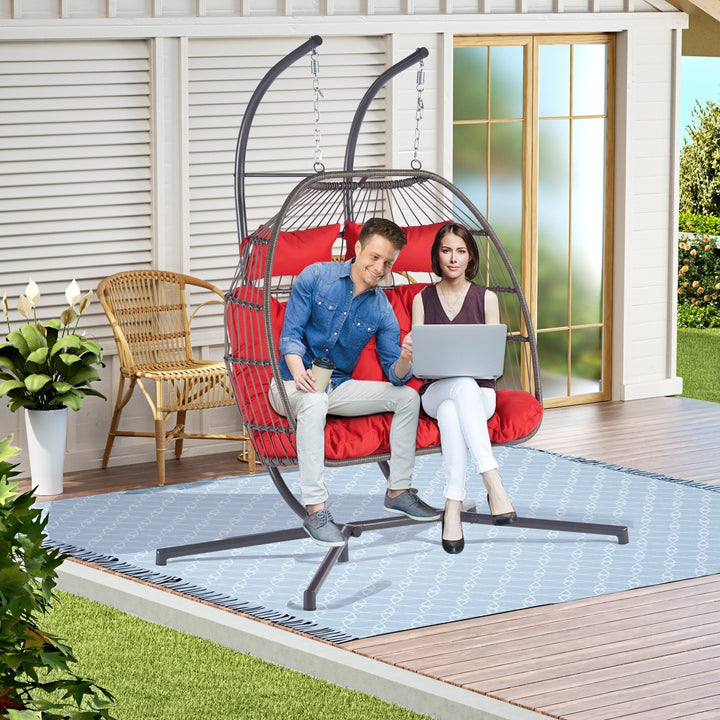 Outdoor Hanging Egg Chair Red - 2 Person Wicker Patio Swing with Stand, Comfort Cushions & All-Weather Durability