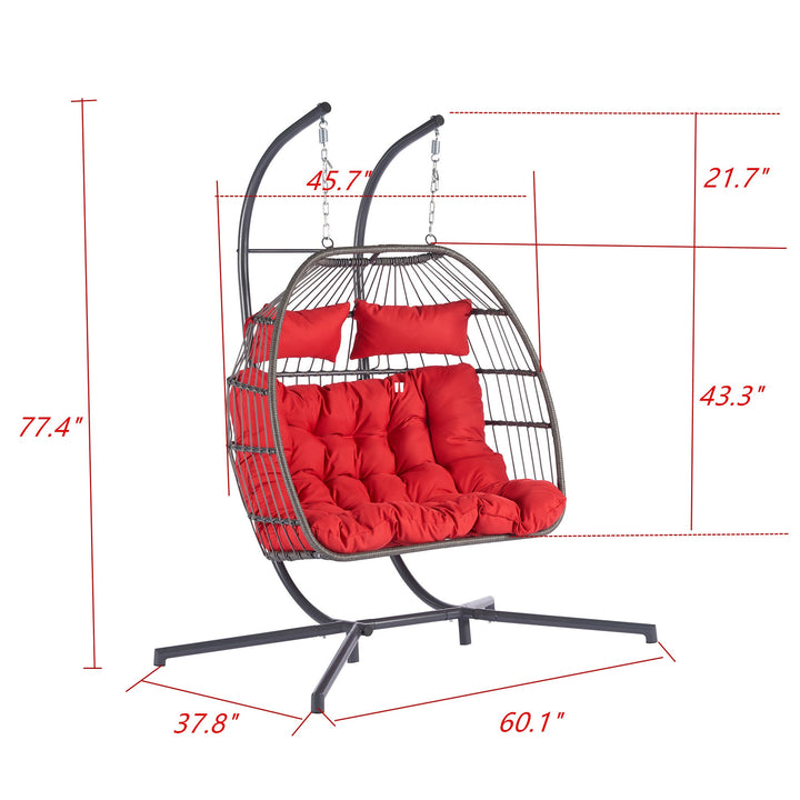 Outdoor Hanging Egg Chair Red - 2 Person Wicker Patio Swing with Stand, Comfort Cushions & All-Weather Durability