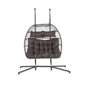 Premium Dark Gray Wicker Egg Chair - Double Hanging Patio Swing with Iron Frame, Cushion Set & Commercial Grade Weather Protection