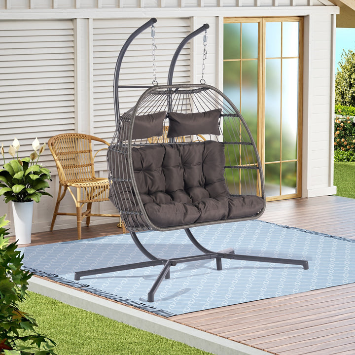 Premium Dark Gray Wicker Egg Chair - Double Hanging Patio Swing with Iron Frame, Cushion Set & Commercial Grade Weather Protection