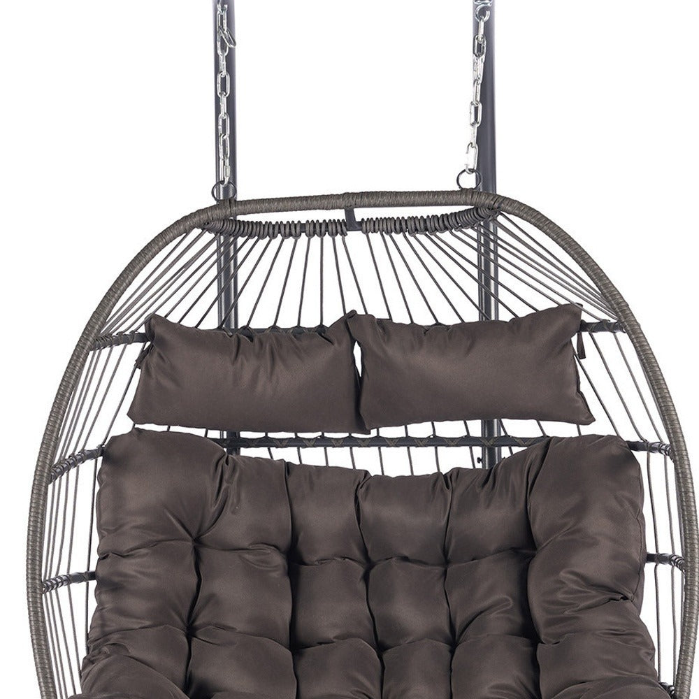Premium Dark Gray Wicker Egg Chair - Double Hanging Patio Swing with Iron Frame, Cushion Set & Commercial Grade Weather Protection