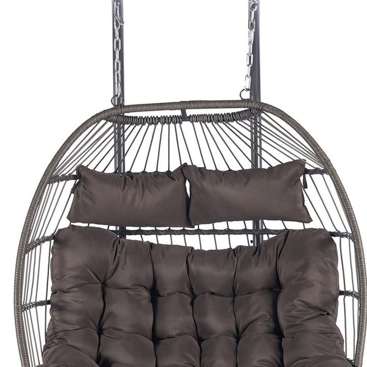 Premium Dark Gray Wicker Egg Chair - Double Hanging Patio Swing with Iron Frame, Cushion Set & Commercial Grade Weather Protection