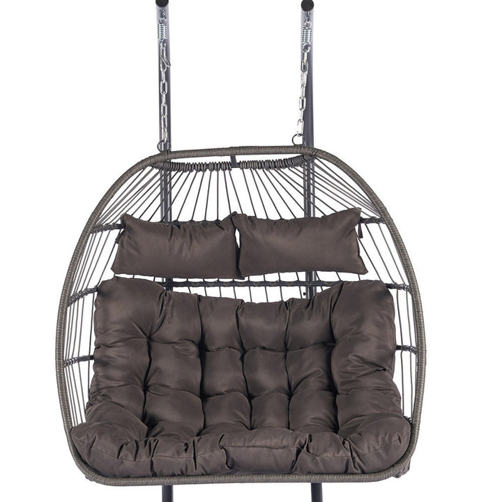 Premium Dark Gray Wicker Egg Chair - Double Hanging Patio Swing with Iron Frame, Cushion Set & Commercial Grade Weather Protection