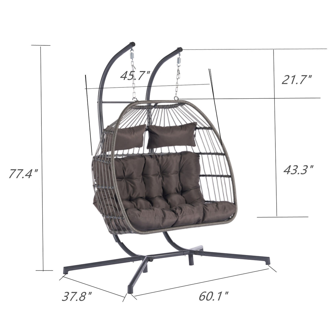 Premium Dark Gray Wicker Egg Chair - Double Hanging Patio Swing with Iron Frame, Cushion Set & Commercial Grade Weather Protection