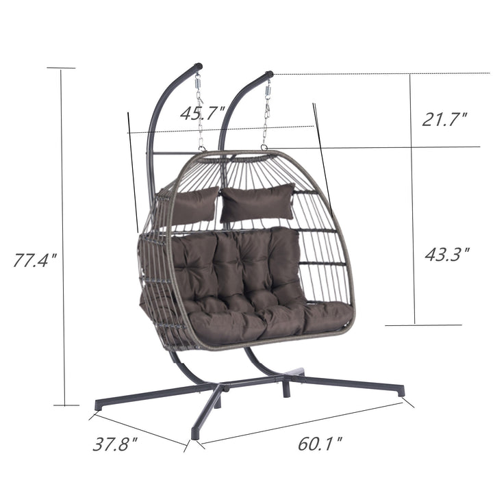 Premium Dark Gray Wicker Egg Chair - Double Hanging Patio Swing with Iron Frame, Cushion Set & Commercial Grade Weather Protection