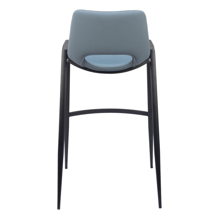 Set of Two 30" Blue And Black Faux Leather And Steel Low Back Bar Height Bar Chairs