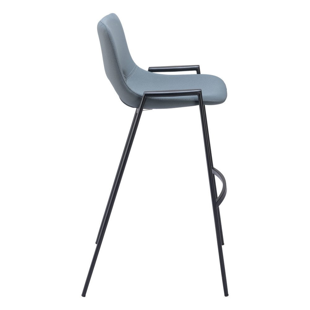 Set of Two 30" Blue And Black Faux Leather And Steel Low Back Bar Height Bar Chairs