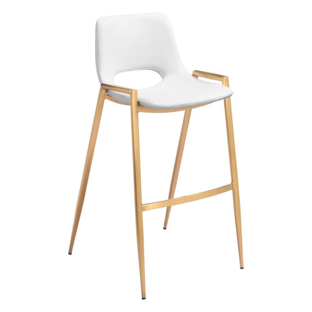 Set of Two 30" White And Gold Faux Leather And Steel Low Back Bar Height Bar Chairs