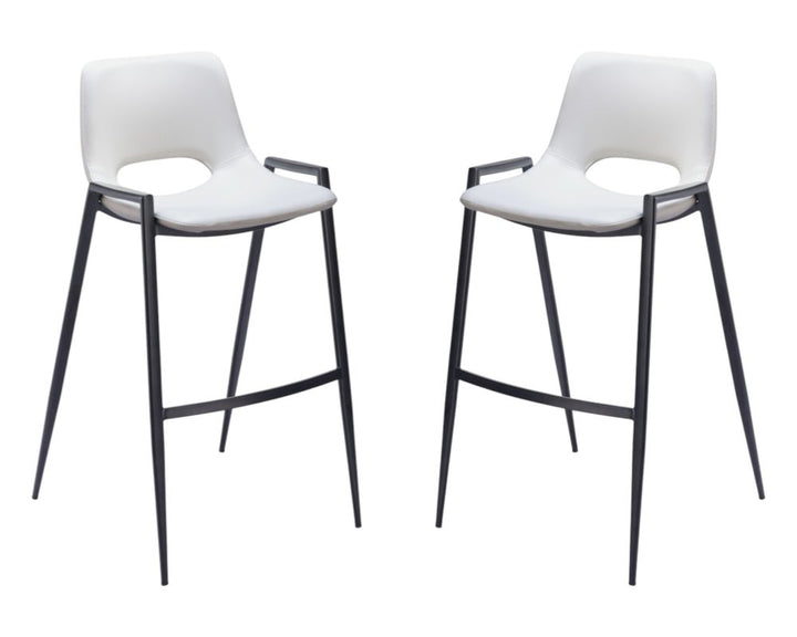 Set of Two 30" White and Black Faux Leather and Steel Low Back Bar Height Bar Chairs