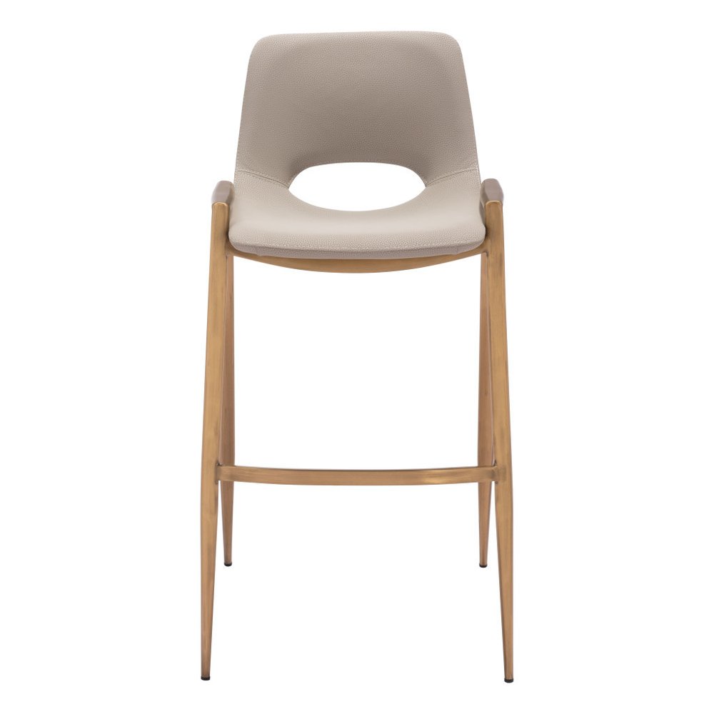 Set of Two 30" Beige And Gold Faux Leather And Steel Low Back Bar Height Bar Chairs