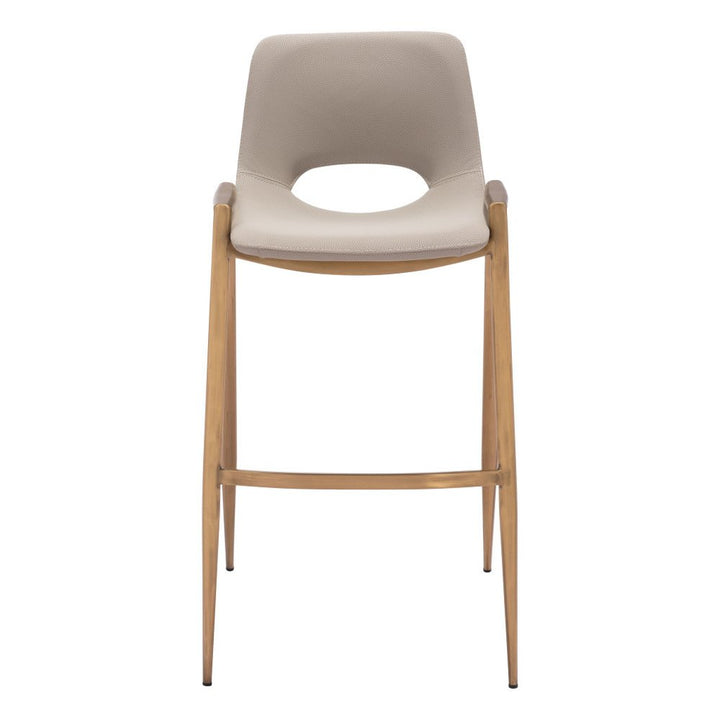 Set of Two 30" Beige And Gold Faux Leather And Steel Low Back Bar Height Bar Chairs
