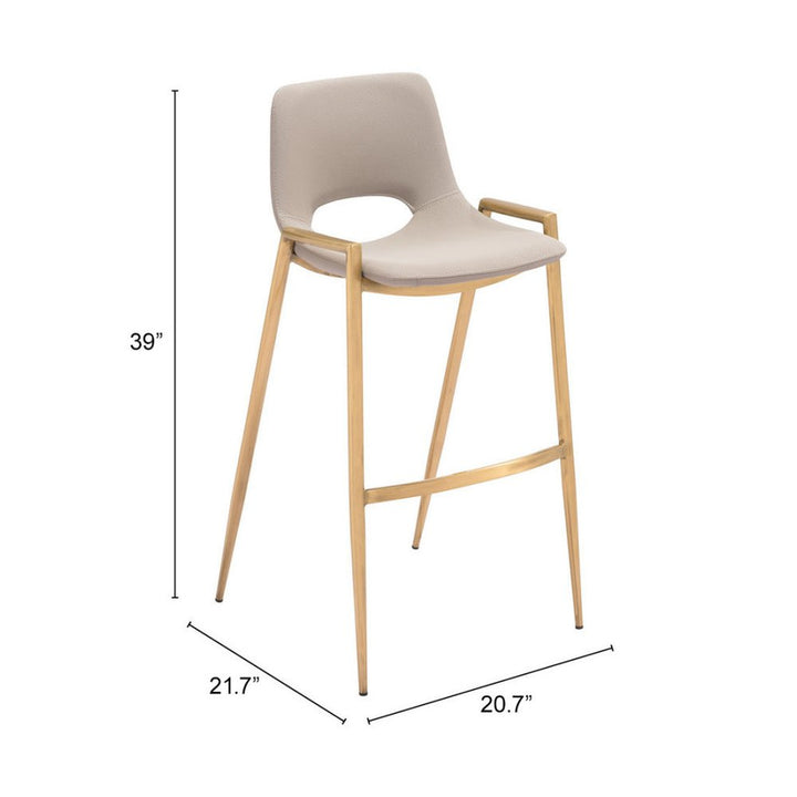Set of Two 30" Beige And Gold Faux Leather And Steel Low Back Bar Height Bar Chairs