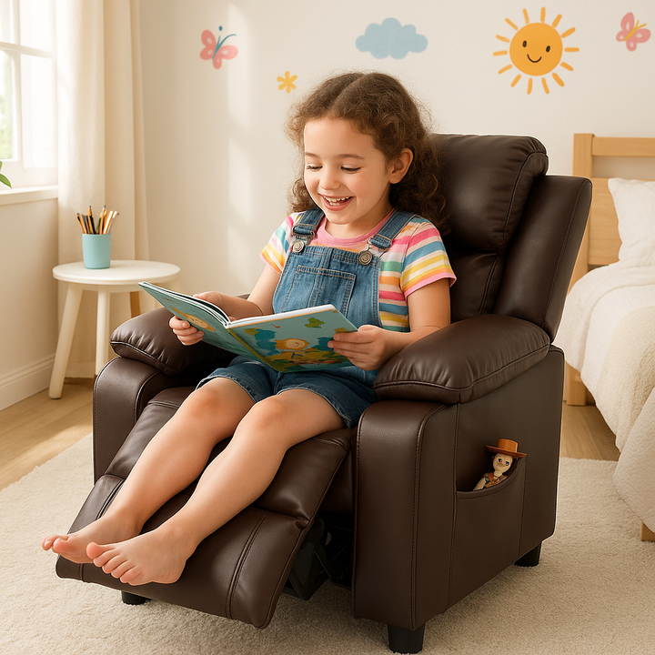 Premium Kids Recliner Chair with Storage Armrest - Solid Wood Frame Children's Lounge Sofa for Entertainment & Comfort