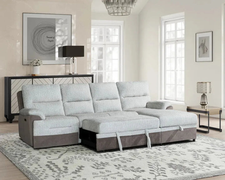 Multi-Functional Brown & Beige Sectional Sleeper with Power Recliner & Storage - 4-Seat Left-Facing Sofa