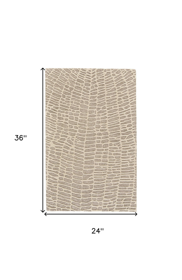 2' X 3' Tan and Ivory Wool Abstract Hand Tufted Area Rug