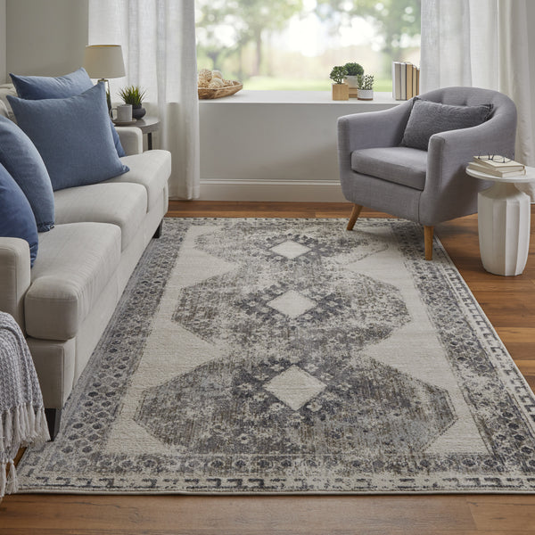 10' X 14' Gray and Ivory Abstract Power Loom Worn Faded Area Rug