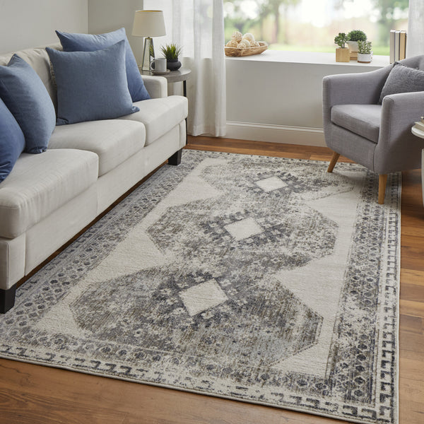 10' X 14' Gray and Ivory Abstract Power Loom Worn Faded Area Rug
