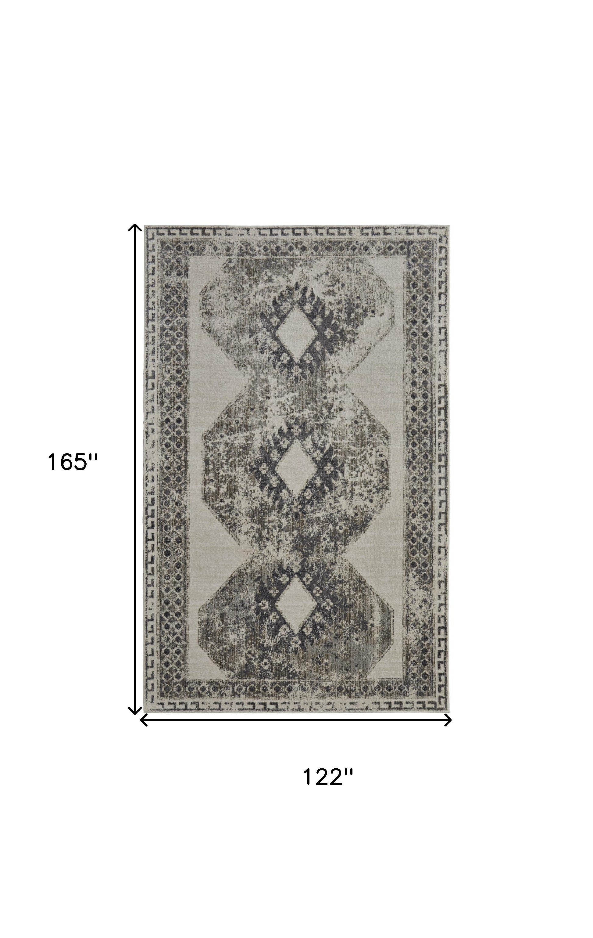 10' X 14' Gray and Ivory Abstract Power Loom Worn Faded Area Rug