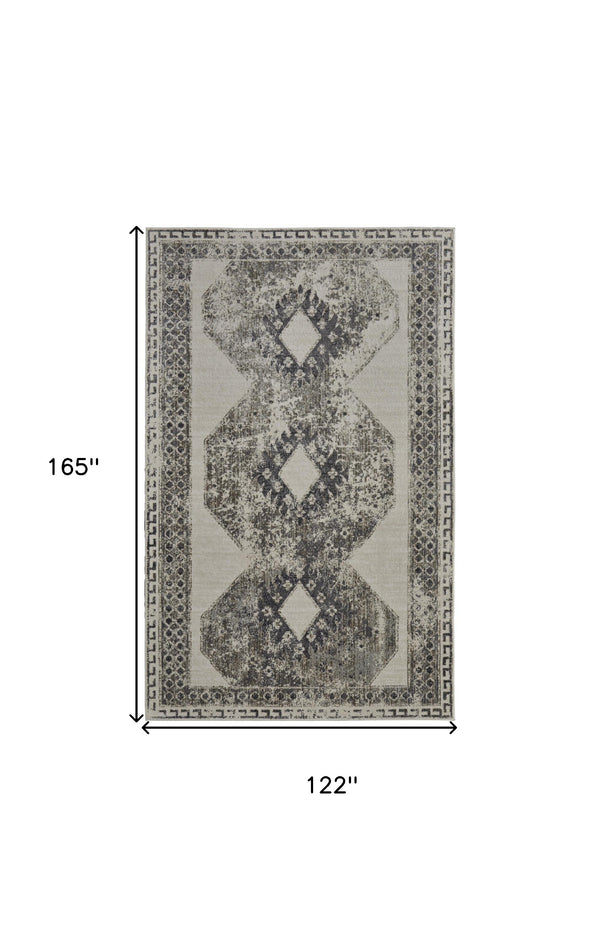 10' X 14' Gray and Ivory Abstract Power Loom Worn Faded Area Rug