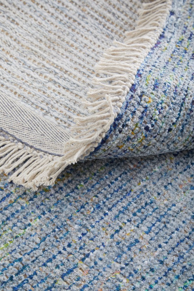 10' X 14' Blue and Gray Abstract Hand Woven Distressed Area Rug With Fringe