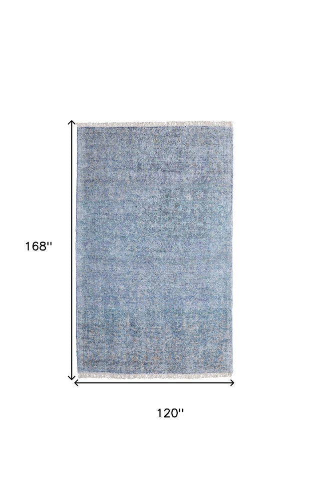 10' X 14' Blue and Gray Abstract Hand Woven Distressed Area Rug With Fringe