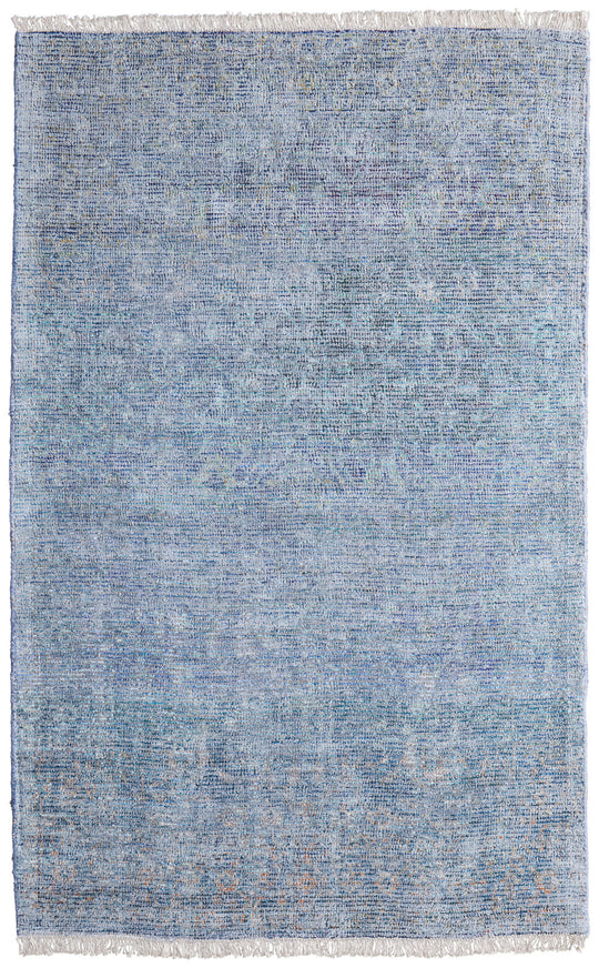 10' X 14' Blue and Gray Abstract Hand Woven Distressed Area Rug With Fringe