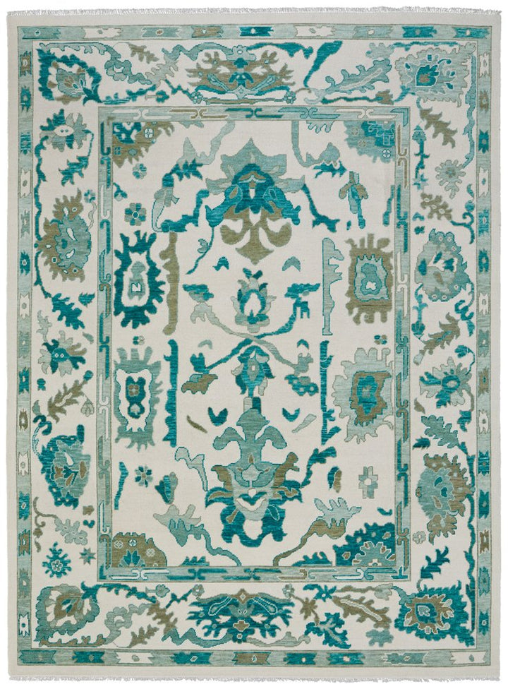 2' X 3' Green and Ivory Wool Floral Hand Knotted Area Rug With Fringe