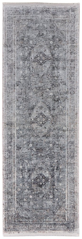 12' Gray and Silver Oriental Power Loom Worn Faded Runner Rug