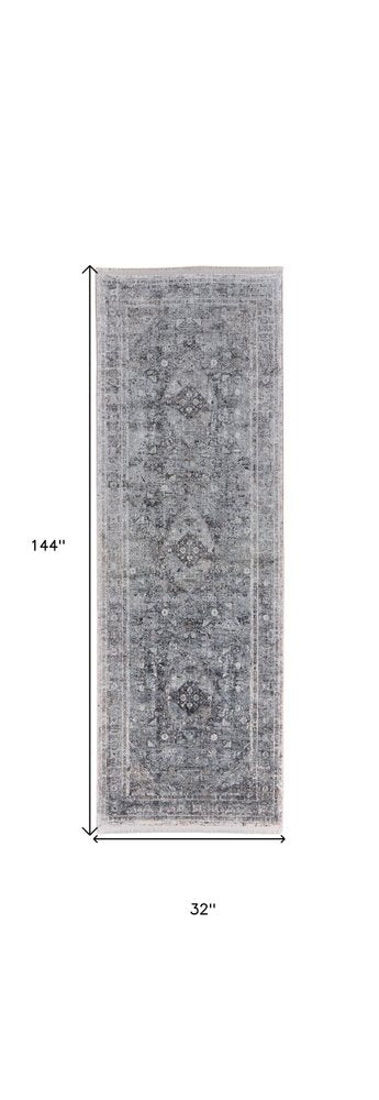12' Gray and Silver Oriental Power Loom Worn Faded Runner Rug