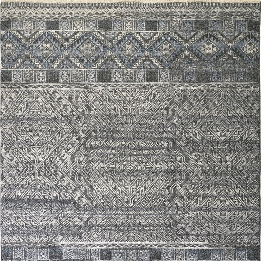 6' X 9' Gray Ivory and Blue Geometric Hand Knotted Area Rug
