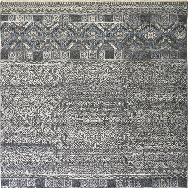 6' X 9' Gray Ivory and Blue Geometric Hand Knotted Area Rug