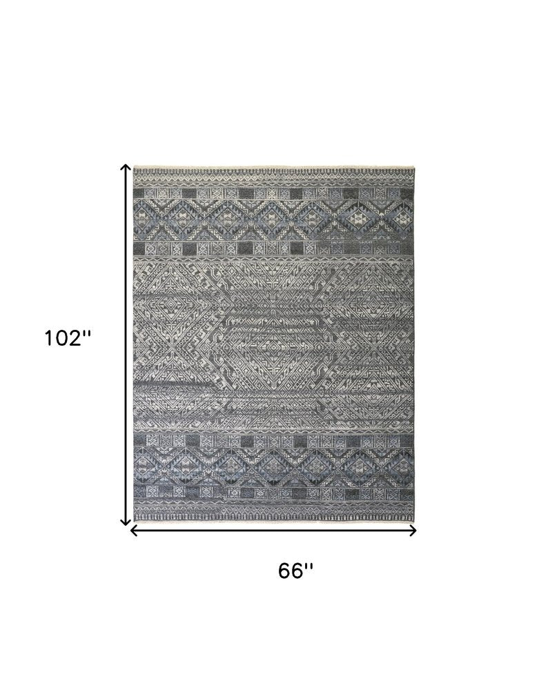 6' X 9' Gray And Ivory Geometric Hand Knotted Area Rug