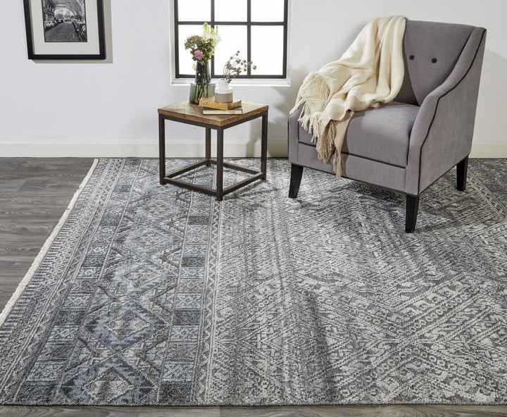 6' X 9' Gray Ivory and Blue Geometric Hand Knotted Area Rug