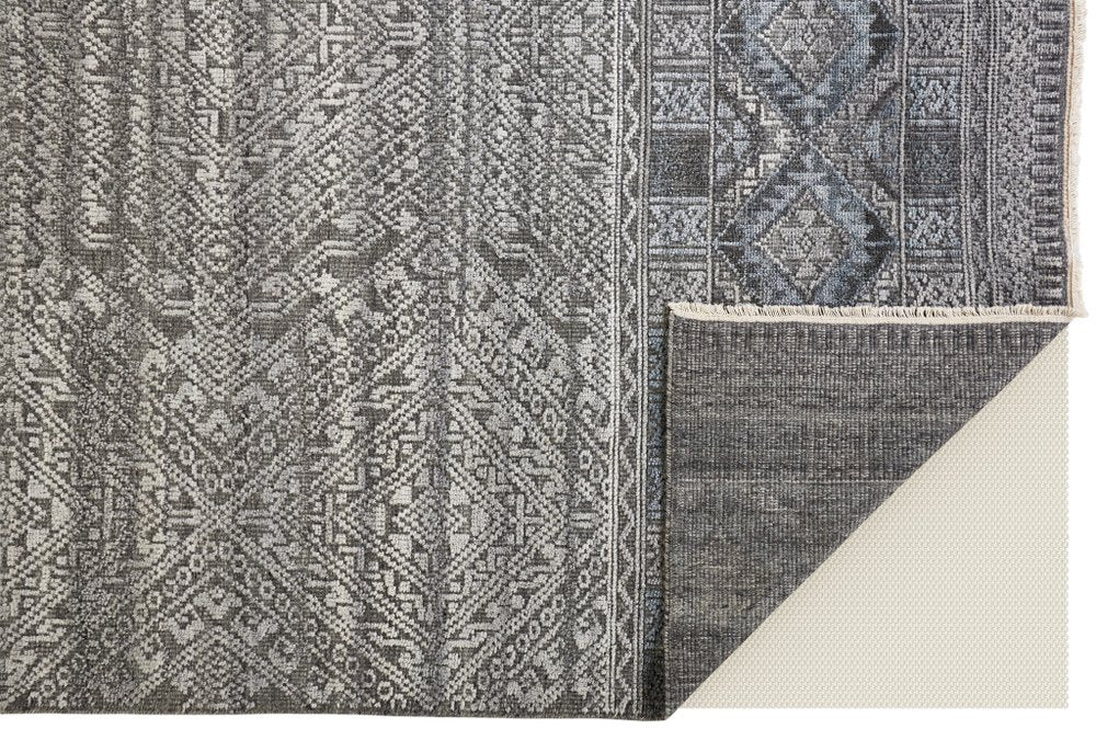 6' X 9' Gray Ivory and Blue Geometric Hand Knotted Area Rug