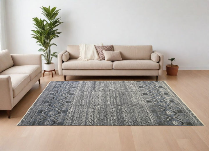 6' X 9' Gray Ivory and Blue Geometric Hand Knotted Area Rug