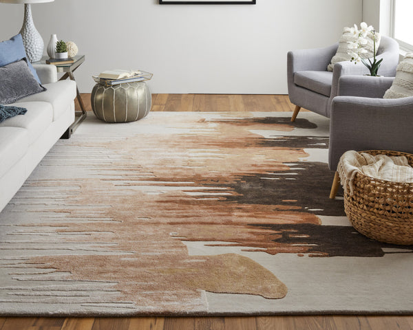 10' X 14' Tan Brown and Orange Abstract Hand Tufted Area Rug