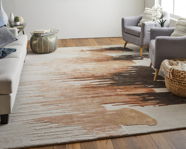 10' X 14' Tan Brown and Orange Abstract Hand Tufted Area Rug