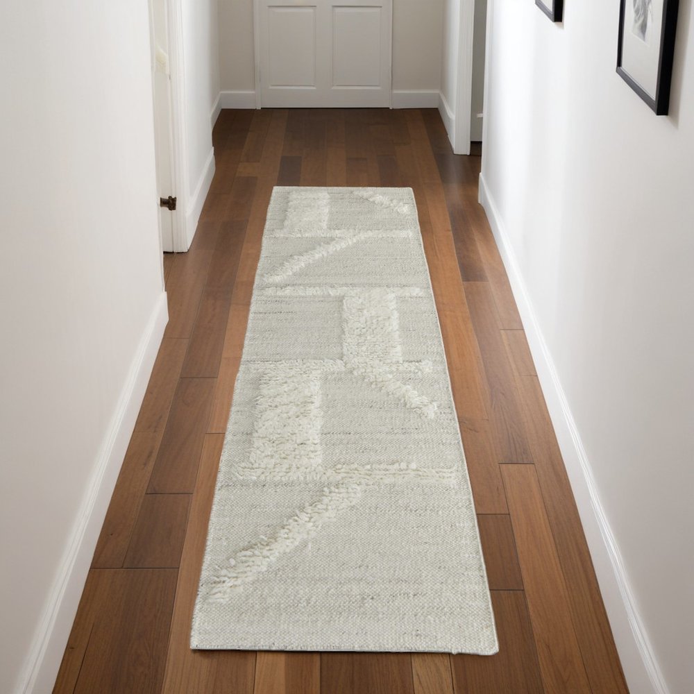 8' Tan and Ivory Wool Geometric Hand Woven Runner Rug