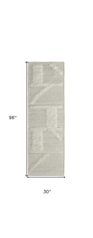 8' Tan and Ivory Wool Geometric Hand Woven Runner Rug