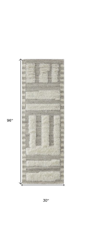 8' Gray and Ivory Wool Geometric Hand Woven Runner Rug