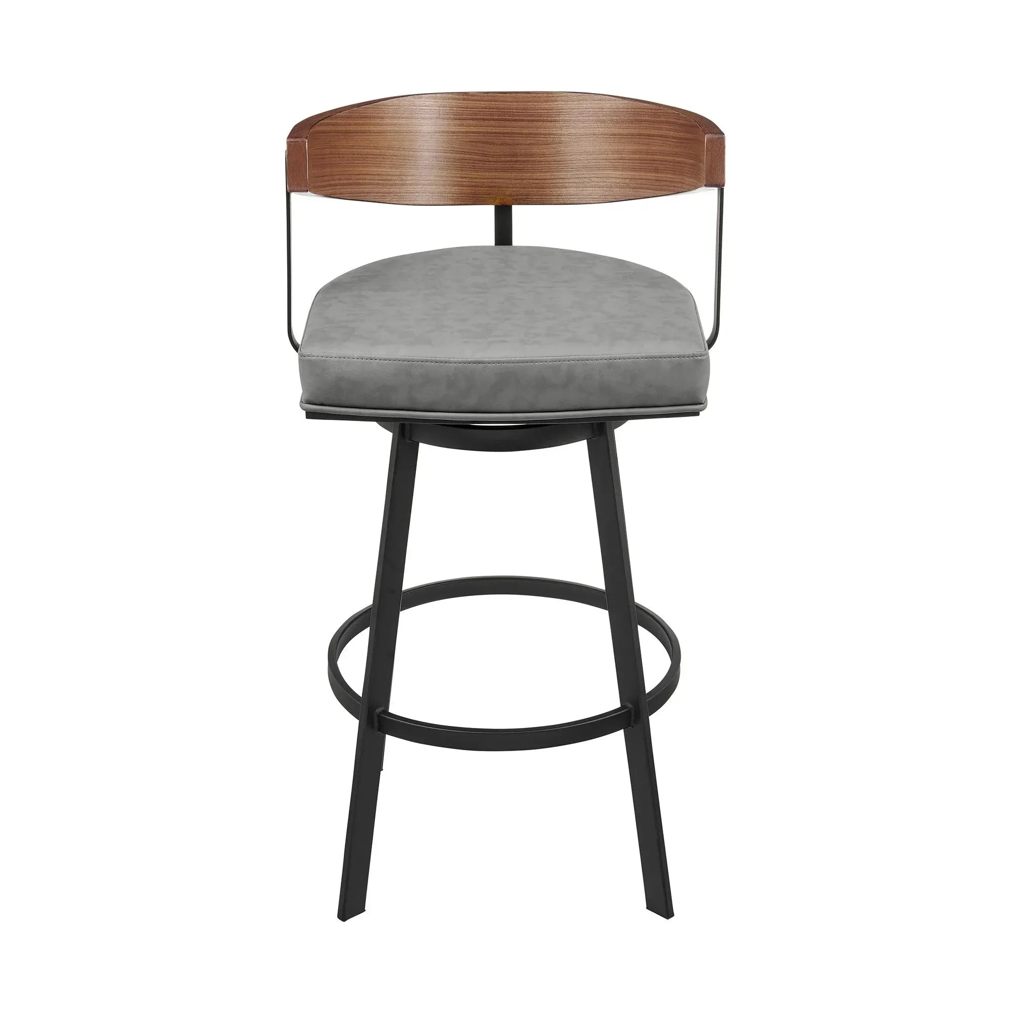 26" Gray Brown and Black Faux Leather and Iron Low Back Counter Height Swivel Bar Chair