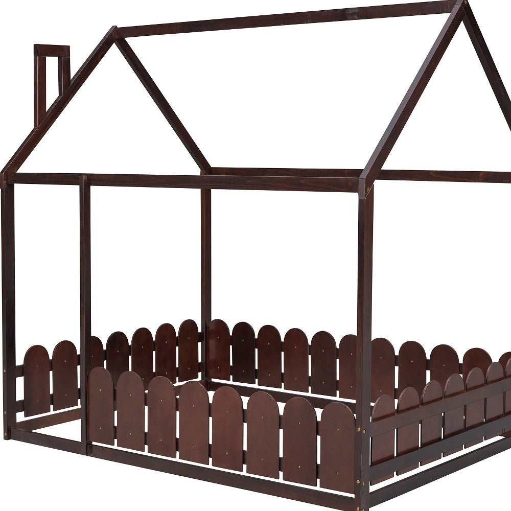 Full Size Wood Bed House Bed Frame with Fence,for Kids,Teens,Girls,Boys (Espresso)(Slats are not included)