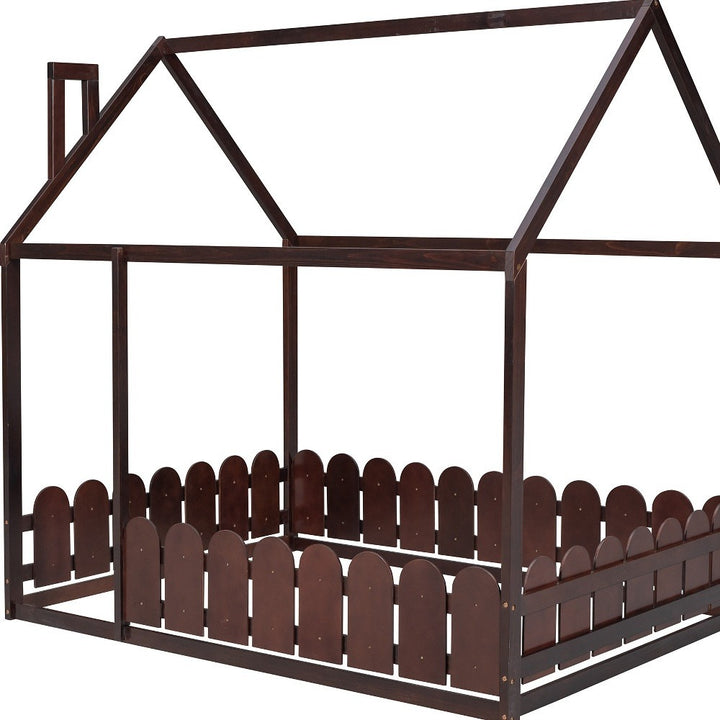 Full Size Wood Bed House Bed Frame with Fence,for Kids,Teens,Girls,Boys (Espresso)(Slats are not included)