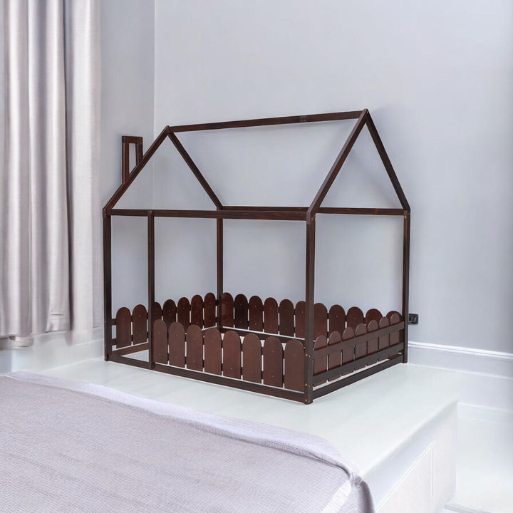 Full Size Wood Bed House Bed Frame with Fence,for Kids,Teens,Girls,Boys (Espresso)(Slats are not included)
